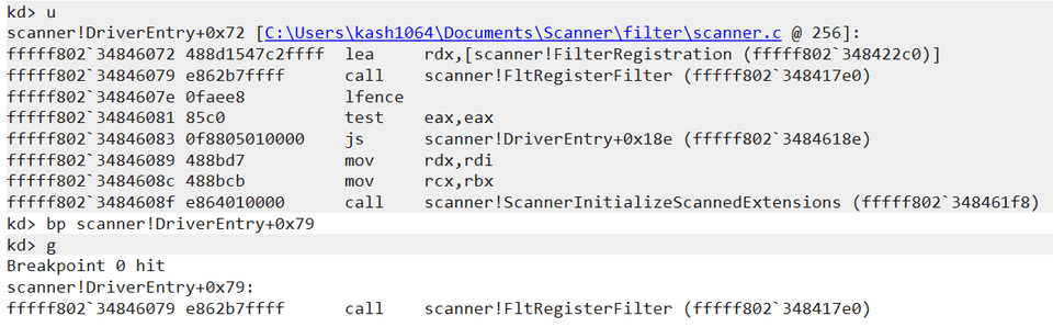 FltRegisterFilter 関数の呼び出しアドレスにブレークポイントを設定する