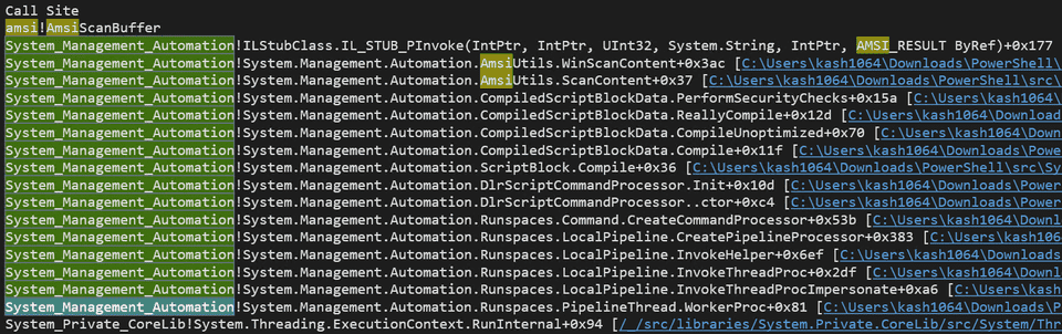 AmsiScanBuffer 関数呼び出し時のコールスタック